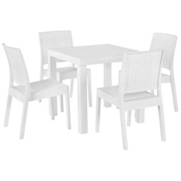 Gartenmöbel 4er Set Weiß aus Kunststoff Rattanoptik Tisch mit quadratischer Form 80 x 80 cm Balkon / Terrasse / Gartenzubehör Outdoor Modern