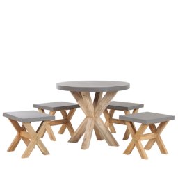 Gartenset Tisch rund 90 cm und 4 Hocker Faserzement Akazienholz-Gestell rustiklaler Look Gartenausstattung Gartenmöbel Garten und Terrasse