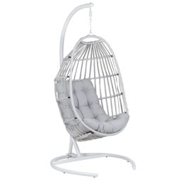 Hängesessel Grau Rattan mit schwarzem Gestell inkl. Kissen Outdoor Indoor Modern Boho Stil Garten Wohnzimmer Terrasse