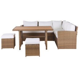 Gartenmöbel Set Polyrattan Braun Textil Weiß inkl. Auflagen 5-Sitzer Lounge Set Tisch Zwei Hocker Terrasse Outdoor Garten Modern