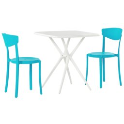 Bistroset Weiß / Blau aus Kunststoff Tisch Quadratisch mit 2 Stühlen Stapelbar Praktisch Klein Outdoor Terrasse Balkon Garten Möbel