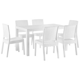 Gartenmöbel 6er Set Weiß aus Kunststoff Rattanoptik Tisch 80 x 140 cm rechteckige Form Tiscch 6 Stühle Balkon Terrasse Gartenzubehör Outdoor