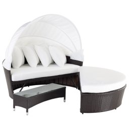 Strandkorb dunkelbraun/cremeweiß Polyrattan Baumwolle 2-Sitzer Sonnendach inkl. Kissen Ottomane Tisch