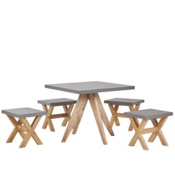 Gartenset Tisch 90x90 cm und 4 Hocker Faserzement Akazienholz-Gestell rustiklaler Look Gartenausstattung Gartenmöbel Garten und Terrasse