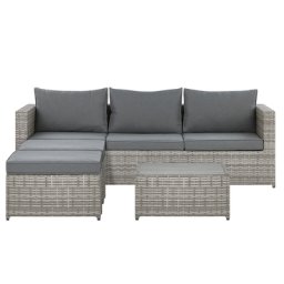 Lounge Set Polyrattan Hellgrau 5-Sitzer Linksseitig mit 2 Ottomanen und Auflagen in Grau Klassisch Gartenausstattung Terrasse