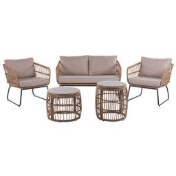 Garten Set Hellbraun Polyrattan Sofa 2 Stühle 2 Couchtische Auflagen in Beige Garten Terasse
