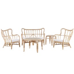 Lounge Set Heller Holzfarbton 4er Sitzer Rattan Auflagen Beige für Terrase für Garten