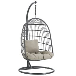 Hängesessel mit Metallgestell Schwarz Flechtseil inklusive 2 Kissen in Taupe Hängestuhl Korb Wohnzimmer Terrasse Balkon Modernes Design