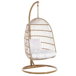 Hängesessel mit Metallgestell Beige Flechtseil inklusive 2 Kissen Hängestuhl Korb Wohnzimmer Terrasse Balkon Modernes Design