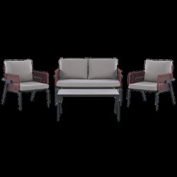 Lounge Set Schwarz und Burgunderrot Aluminium Stahl u. Flechtseil mit Kissen Grau Couchtisch gesinterte Steinplatte 4-Sitzer Terrasse Outdoor