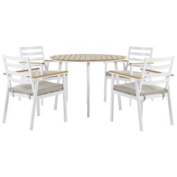 Gartenmöbel Set Tisch mit 4 Stühlen Weiß mit beigen Sitzkissen Alumunium / Kunstholz Outdoor Indoor Garten Salon Wohnzimmer Terrasse