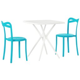 Bistroset Weiß / Blau aus Kunststoff Tisch Quadratisch mit 2 Stühlen Stapelbar Praktisch Klein Outdoor Terrasse Balkon Garten Möbel