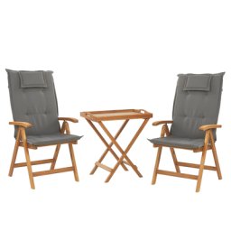 Balkonset Braun Akazienholz verstellbar mit Auflagen Graphitgrau Teetisch mit 2 Stühlen Rustikal Landhaus Stil Terrasse Garten Möbel
