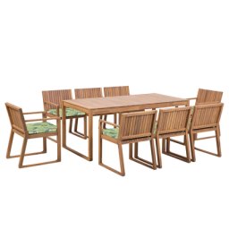Gartenmöbel Set 8-Sitzer Hellbraun Akazienholz Tisch mit Stühlen und Sitzkissen Blättermuster Terrasse Gartenausstattung