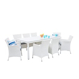 Gartenmöbel Set Weiß Rattan Aluminium Textil inkl. Auflagen 8-Sitzer Terrasse Outdoor Modern