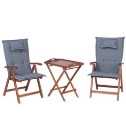 Balkonset Dunkelbraun Akazienholz verstellbar mit Auflagen Blau Tisch mit 2 Stühlen Rustikal Landhaus Stil Terrasse Garten Möbel