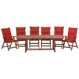 Gartenmöbel Set Dunkelbraun Akazienholz 6-Sitzer Auflagen Terracotta ausziehbarer rechteckiger Tisch Rustikal Landhaus Stil Outdoor