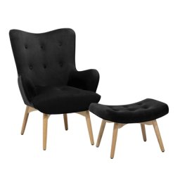Ohrensessel mit Hocker Schwarz Samtstoff Gummibaumholz Moderner-Look für Wohnzimmer Schlafzimmer