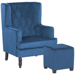 Sessel Blau Samtstoff mit Hocker Wohnzimmerausstattung Salon Schlafzimmer Essbereich