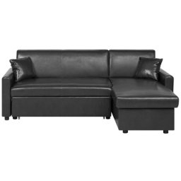Ecksofa Schwarz Polsterbezug Lederoptik L-Förmig Linksseitig Schlaffunktion Traditionell Wohnzimmer