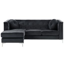 Ecksofa Schwarz aus Samtstoff L-Förmig Rechtsseitig mit Zierkissen Wohnzimmer Modernes Design
