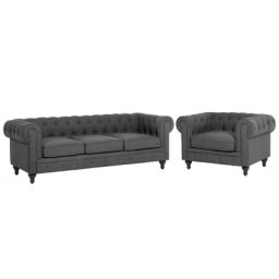 Sofa Set Grau Polsterbezug Sitzgruppe Chesterfield Stil Glamourös Wohnzimmer