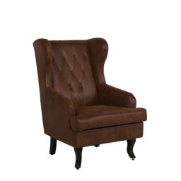 Ohrensessel Braun Kunstleder mit Armlehnen Knöpfen Gummibaumholzbeine Wohnzimmer Chesterfield/Retro Stil