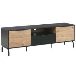 TV-Möbel Schwarz / Heller Holzfarbton Spanplatte Metall 52 x 160 x 41 cm Modern 2 Türe mit Schublade Offenes Fach Praktisch Wohnzimmer