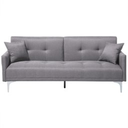 Sofa Grau Polsterbezug 3-Sitzer Schlaffunktion Metallgestell verchromt Modern mit 2 Zierkissen Wohnzimmer Büro Salon Flur