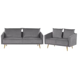 Sofa Set Grau aus Samtstoff Sitzgruppe mit Metallbeinen und abziehbaren Kissenbezüge Langlebig Glamourös Edel Zierkissen Wohnzimmer