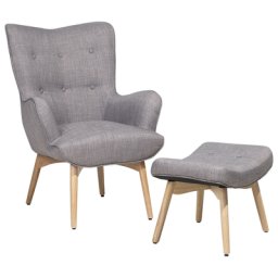Ohrensessel Hellgrau Hocker Polsterbezug Gummibaumholz Wohnzimmer Skandinavischer Stil