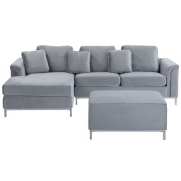Ecksofa Hellgrau Samtstoff L-Förmig Rechtsseitig Modern Zierkissen Ottomane Wohnzimmer