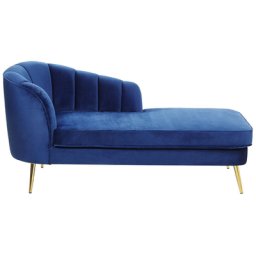 Chaiselongue Kobaltblau Linksseitig aus Samtstoff mit goldene Beine aus hochwertigem Metall Wohnzimmer Elegant Modern
