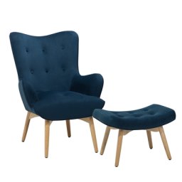 Ohrensessel mit Hocker Blau Samtstoff Gummibaumholz Moderner-Look für Wohnzimmer Schlafzimmer