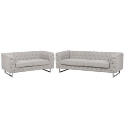 Sofa Set Beige Polsterbezug Sitzgruppe Chesterfield Stil Glamourös Wohnzimmer