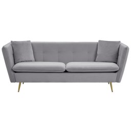 Sofa Grau Samtstoff 3-Sitzer mit 2 Zierkissen Metallbeine in Gold Polsterbezug Glamouröser Stil Wohnzimmermöbel