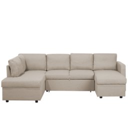 Ecksofa Beige Polsterbezug U-Förmig Universal Schlaffunktion Skandinavisch Wohnzimmer