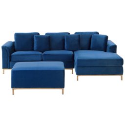 Ecksofa Dunkelblau Samtstoff L-Förmig Linksseitig Modern Zierkissen Ottomane Wohnzimmer