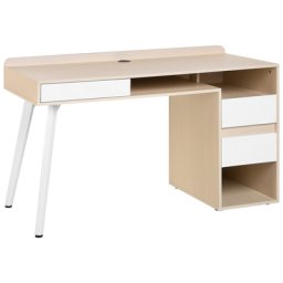Schreibtisch Weiß mit Holzfarbton 130 x 60 cm MDF Platte mit Viel Stauraum Rechteckig Modern