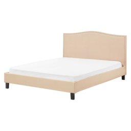 Polsterbett Beige 160 x 200 cm Leinenoptik Mit Bettkasten Randverziehrte Kopfteil Klassisch
