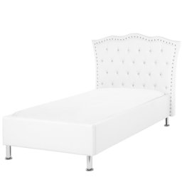 Bett Kunstleder Weiß 90 x 200 cm Lattenrost Geschwungene Kopfteil Knopfverzierung Elegant Romantisch Klassisch