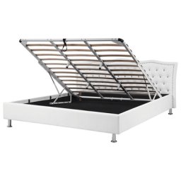 Bett Kunstleder Weiß 180 x 200 cm Mit Bettkasten Hochklappbar Exklusive Ausstrahlung Geschwungene Kopfteil Knopfverzierung Elegant Romantisch