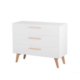 Kommode Weiß und Hellbraun MDF-Platte mit 3 Schubladen Holzgriffe Beine Eichenholz rechteckig skandinavischer Stil Wohn- und Schlafzimmer