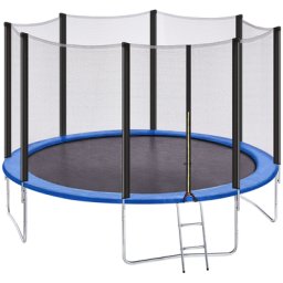 Trampolin rund 366 cm blau und schwarz Metallkonstruktion mit Sicherheitsnetz und Reißverschluss Leiter Outdoor Garten