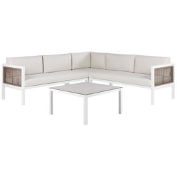 Lounge Set Weiß und Braun Aluminium Flechtseil mit Kissen Beige Couchtisch Sicherheitsglas 4-Sitzer Ecksofa Rechtsseitig Terrasse Modern