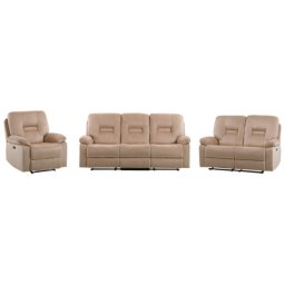Sofa Set Beige Samt Elektrisch Verstellbar mit LED-Beleuchtung USB-Anschluss Relaxfunktion Modern Inustriell Sitzgruppe 3-teilig Wohnzimmer