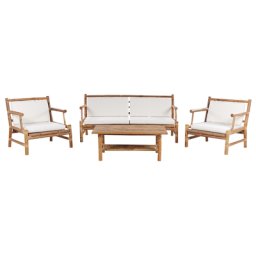 Lounge Set Hellbraun Bambusholz Auflagen Weiß Stoff 2-Sitzer Sofa mit 2 Sesseln und Couchtisch Modern Rustikal Garten Terrasse Outdoor