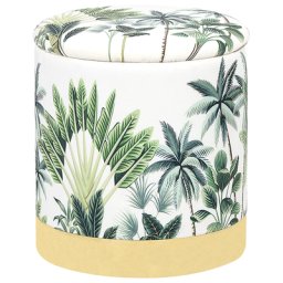 Pouf mit Stauraum Weiß Samt Gold Metall Rund mit Pflanzenmuster Grün Glamour Look Deko Sitzhocker Samthocker Wohnzimmer Salon Schlafzimmer