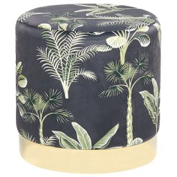 Pouf Schwarz Samt Gold Metall Rund mit Pflanzenmuster Grün Glamour Look Deko Sitzhocker Samthocker Flur Wohnzimmer Salon Schlafzimmer