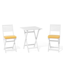 Balkonset weiss/gelb Akazienholz Auflagen geometrisches Muster 2 Personen